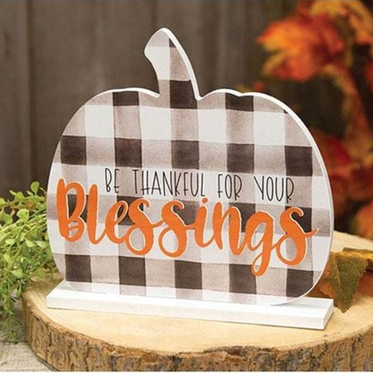 Be Thankful for Your Blessings Buffalo Check Pumpkin on Base - Home Treasures Co