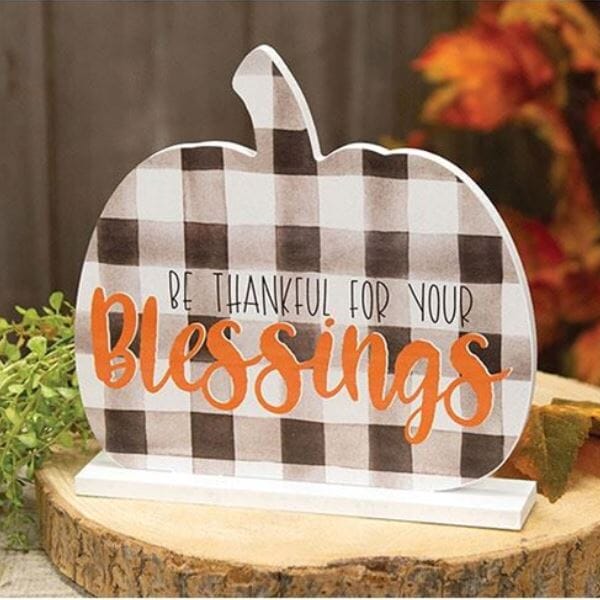 Be Thankful for Your Blessings Buffalo Check Pumpkin on Base - Home Treasures Co